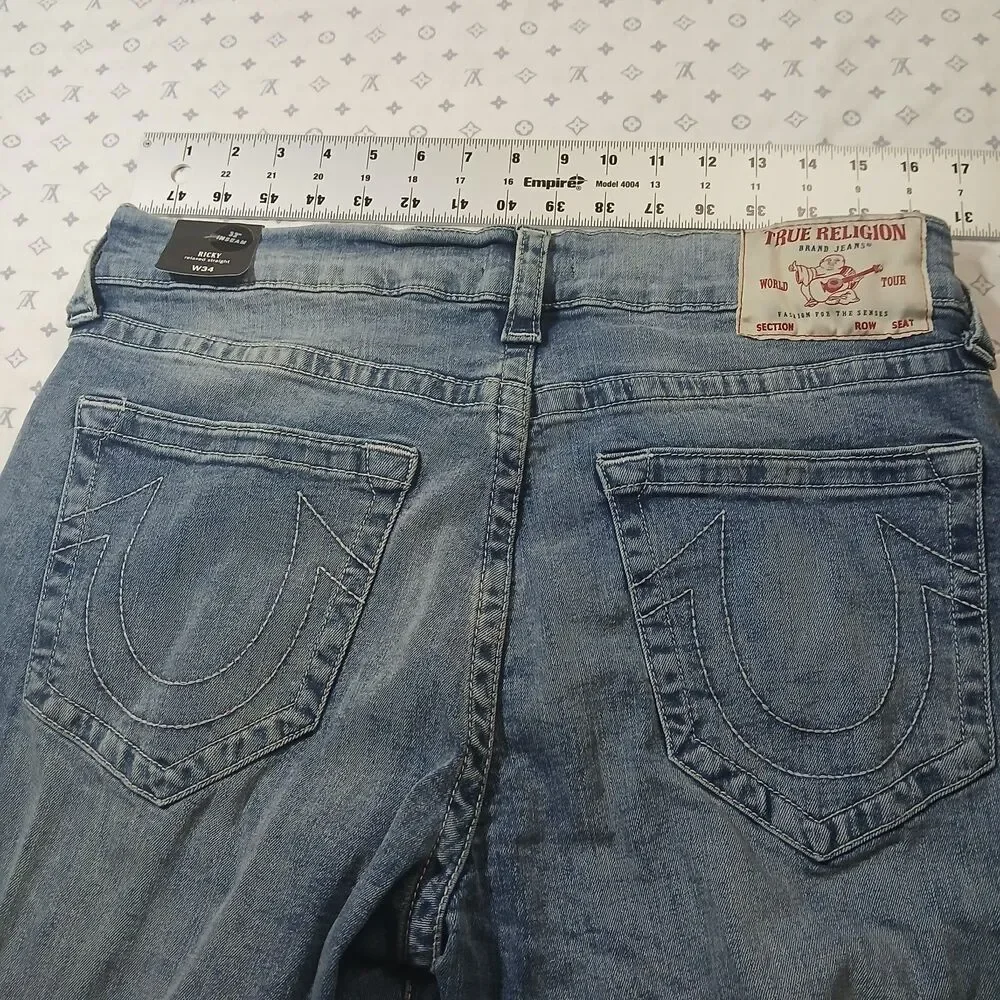True Religion Men's Ricky Relaxed Straight Blue Denim Jeans Horseshoe Sz 34